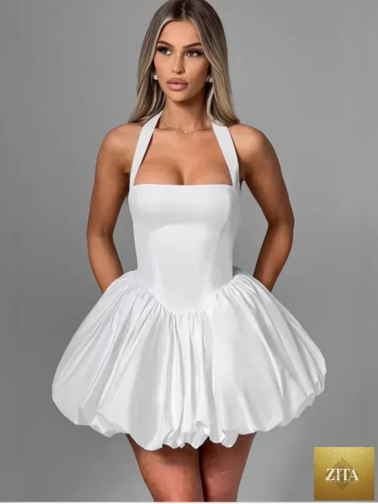 Pink women’s corset mini dress with puffball hem by Zita La Belle Elite, perfect for casualwear and stylish daytime outings.