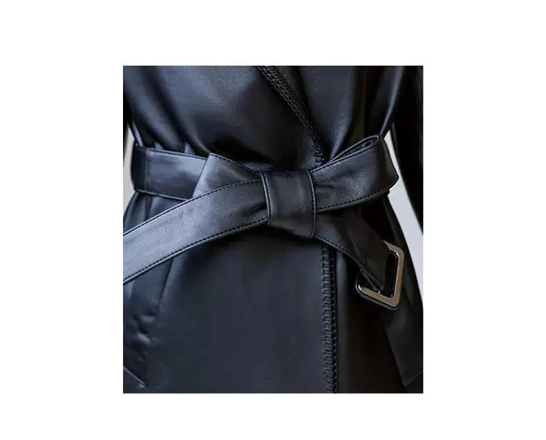 Women's Genuine Leather Trench Coat Lace-Up Long Slim Fit Spring Autumn Sheepskin Top ZITA LA BELLE ÉLITE