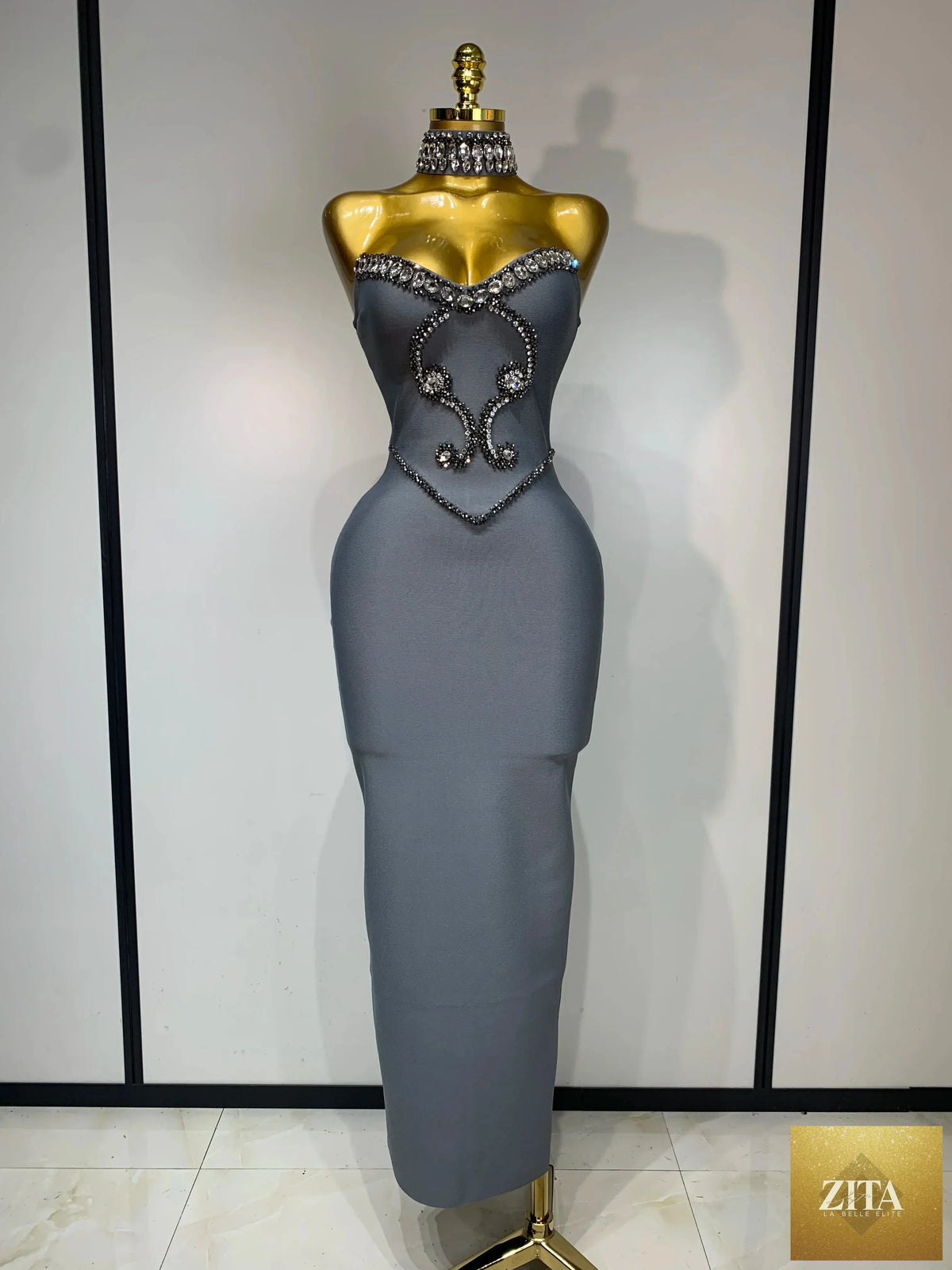 Elegant strapless beaded bandage dress by FLIPSTYLEZLLC, perfect for evening parties and special occasions, shown in black.