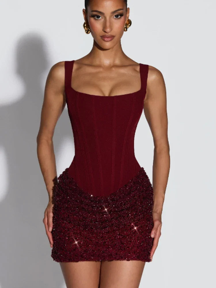 Solid black strapless women's dress with pleats, backless design, high waist, and side slit, perfect for summer evening parties.