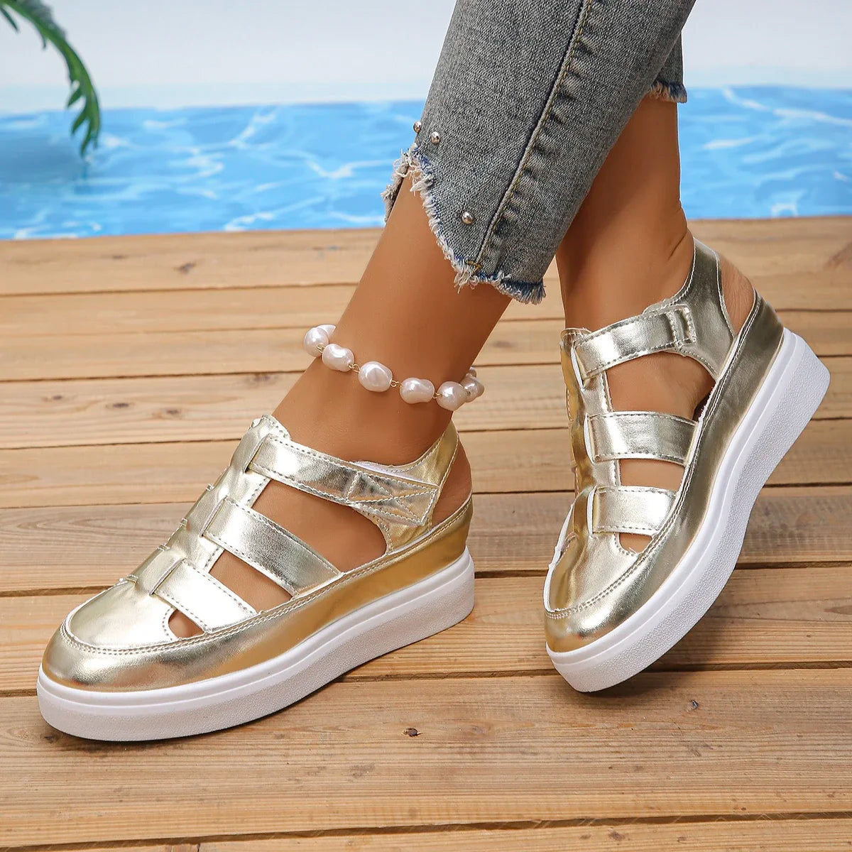 Women’s summer wedge sandals by LadyShow.Store featuring hollow-out gladiator design, breathable straps, and thick platform sole.