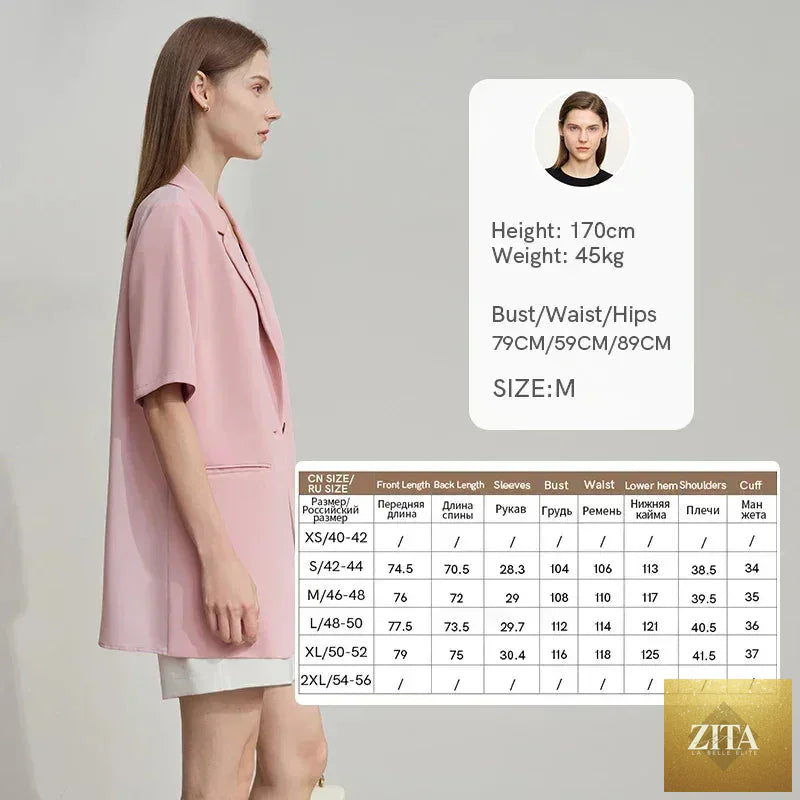 Femstylo Amii Women's Minimalist Summer blazer with notched lapel, contrast patchwork, one button short sleeve, stylish and modern.