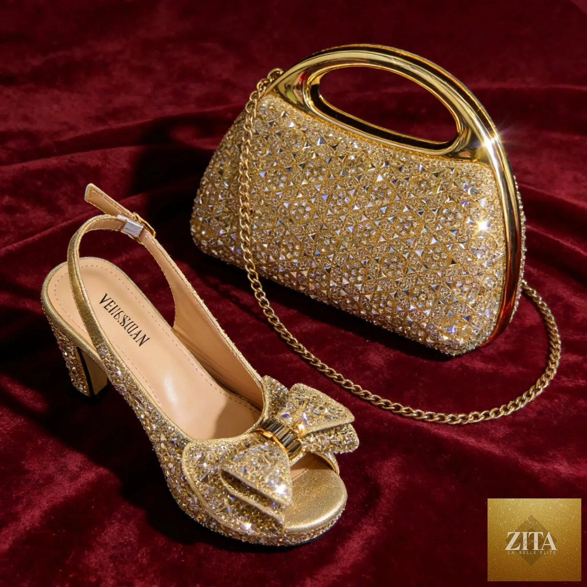 Elegant peep-toe high heel shoes and matching bag set by EdleessFashion, featuring luxurious design and stylish accessories.