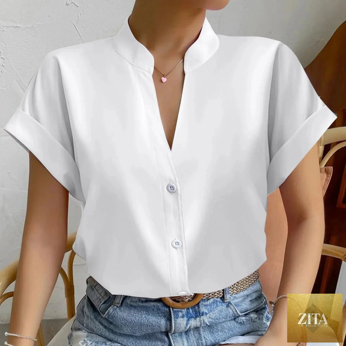 Summer women's satin V-neck short sleeve shirt by FitiqueFit, elegant casual wear in a soft satin fabric with a V-neck design.