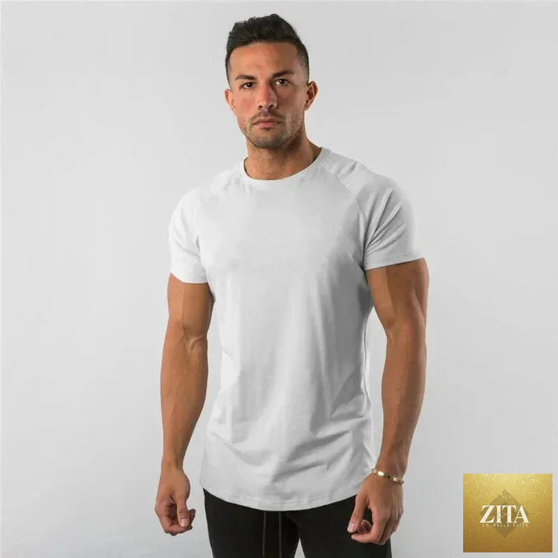 Mandotos men's casual short sleeve T-shirt with slim fit design, suitable for gym, streetwear, and summer fitness activities.