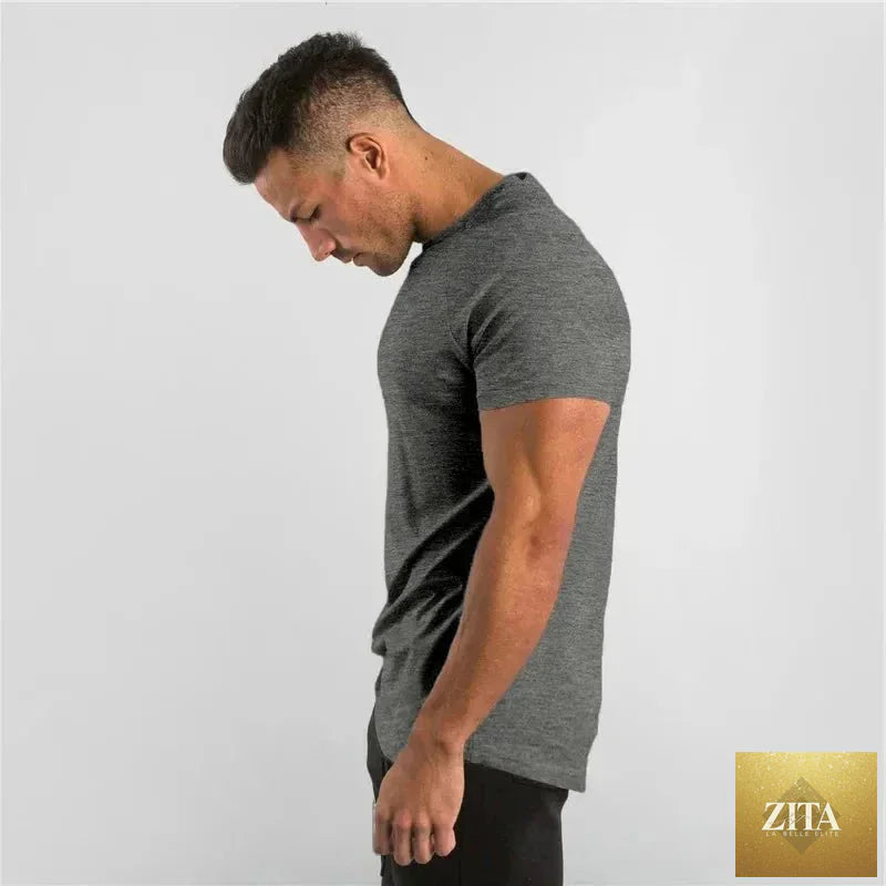 Mandotos men's casual short sleeve T-shirt, slim fit gym fitness tee with muscle fit design, ideal for streetwear and summer workouts.