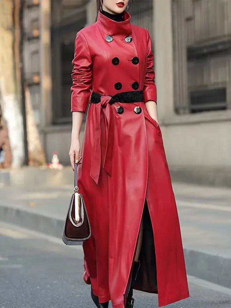Mauroicardi Spring Autumn Extra Long Soft Pu Leather Trench Coat for Women Sashes Double Breasted Elegant Luxury Chic Overcoat ZITA LA BELLE ÉLITE