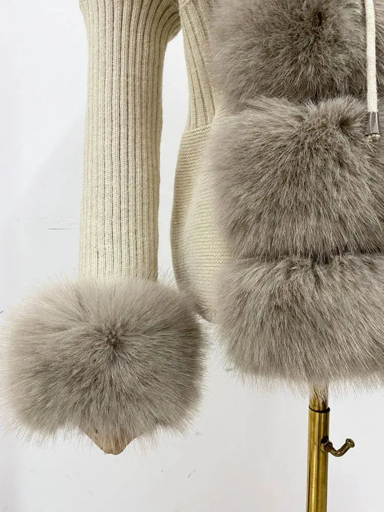 ZADORIN Fall Winter Women Faux Fur Coat Luxury Knitted Sweater Fur Cardigan Detachable Collar White Pink Jacket Faux Fur Coats ZITA LA BELLE ÉLITE