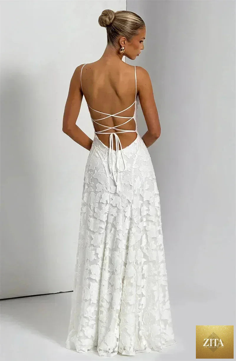 Femstylo women's backless spaghetti strap maxi dress with off-shoulder lace-up design, perfect for evening or party wear.