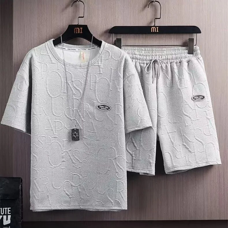 Men's waffle summer casual tracksuit set by THRIXINE, featuring a comfortable activewear set with a stylish waffle texture.