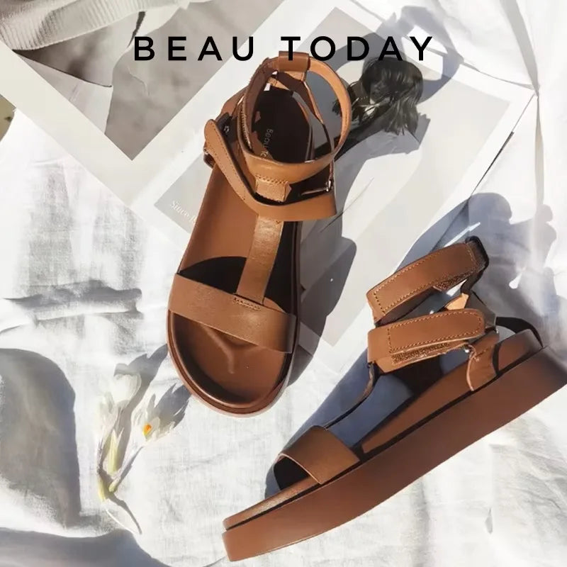 BeauToday Summer Gladiator Sandals Women Calfskin Leather Open Toe T-bar Strap Hook & Loop Summer Ladies Shoes Handmade 07130