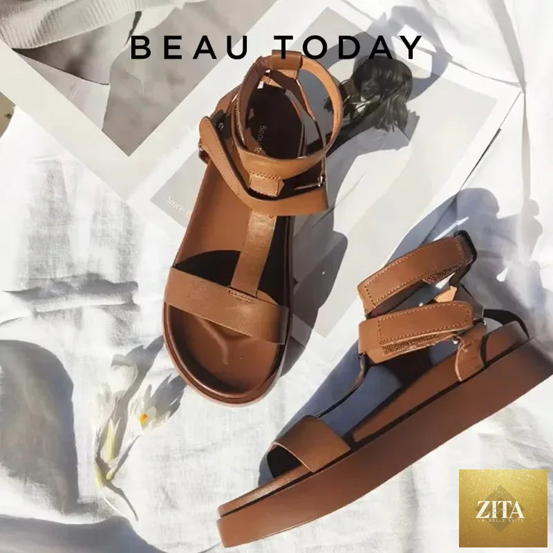 BeauToday summer gladiator sandals for women with calfskin leather, open toe, T-bar straps, and hook and loop closure.