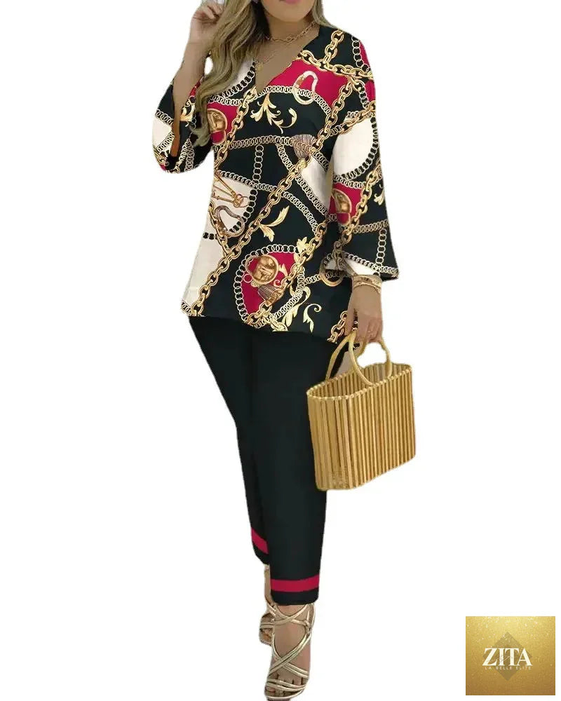 Women’s long sleeve V-neck two-piece set in polyester with printed design, stylish and comfortable for casual wear.
