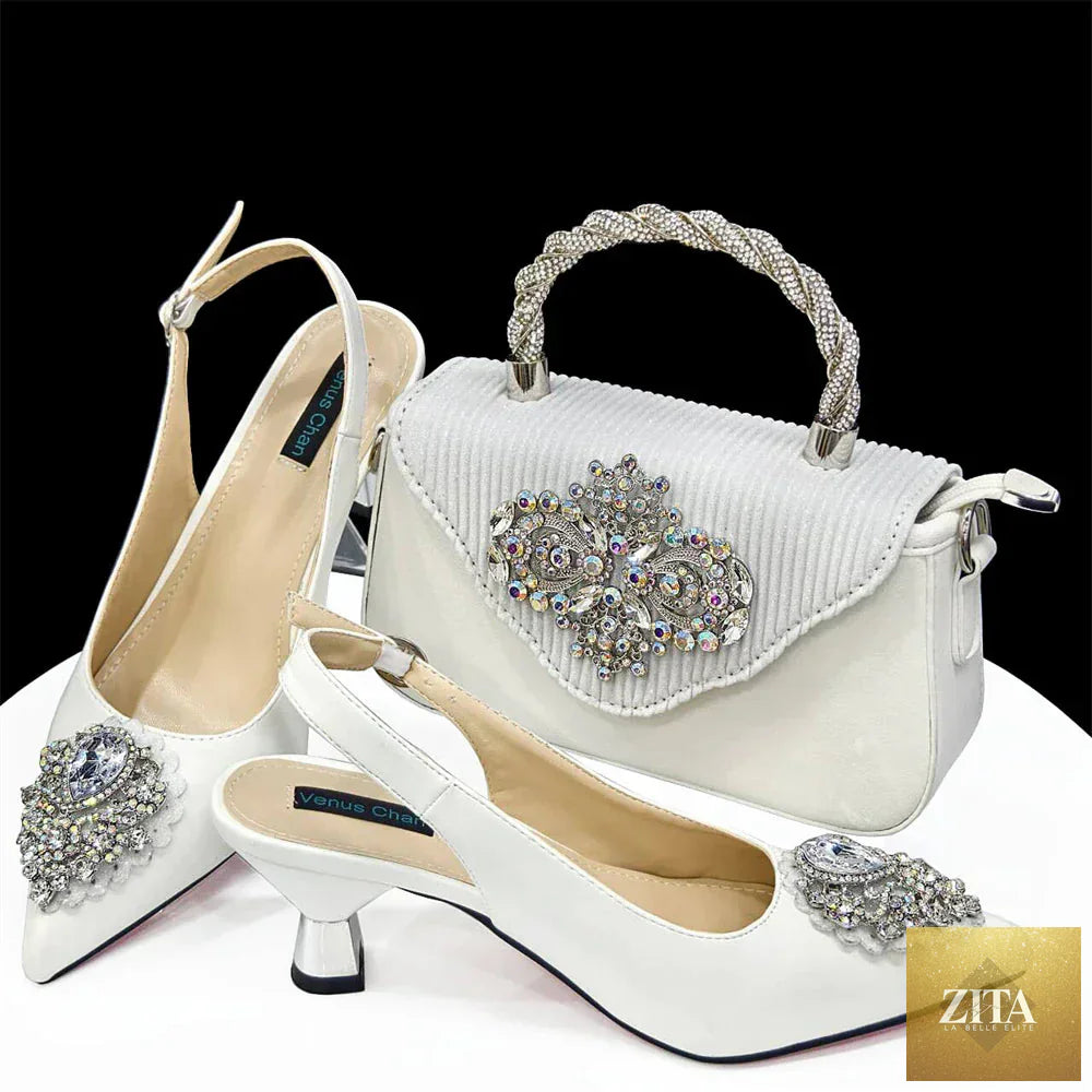 Luxurious women's crystal pointed high heels shoe bag set by EdleessFashion, showcasing elegant shoes and matching bags.