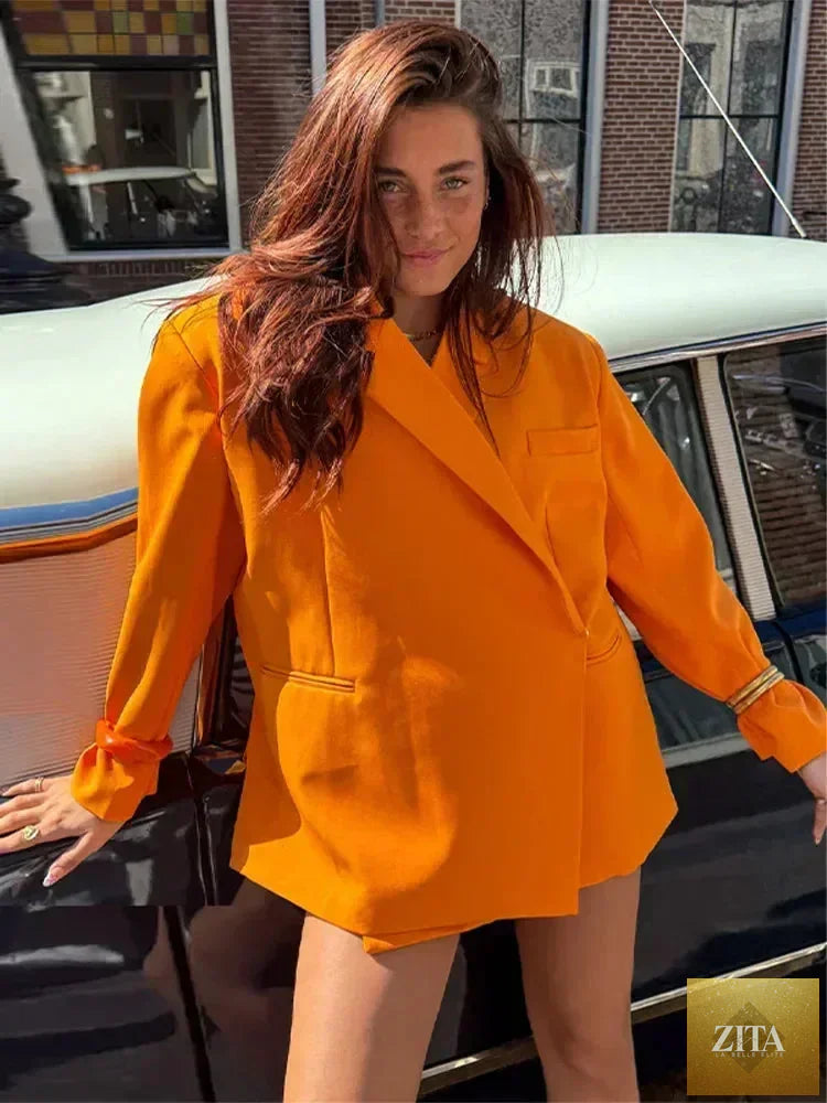 Women’s Femstylo V-neck long sleeve suit jacket with side buttons, solid color, oversized fit, pocket cuffs, high street style.