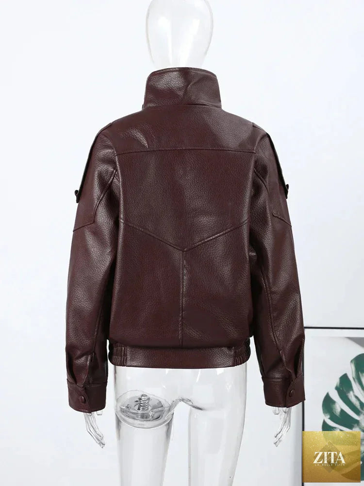 2026 Autumn Women's Faux Leather Jacket Brown Black Long Sleeve Stand Collar Thick Loose Lady Coat Fashion Motorcycle Streetwear