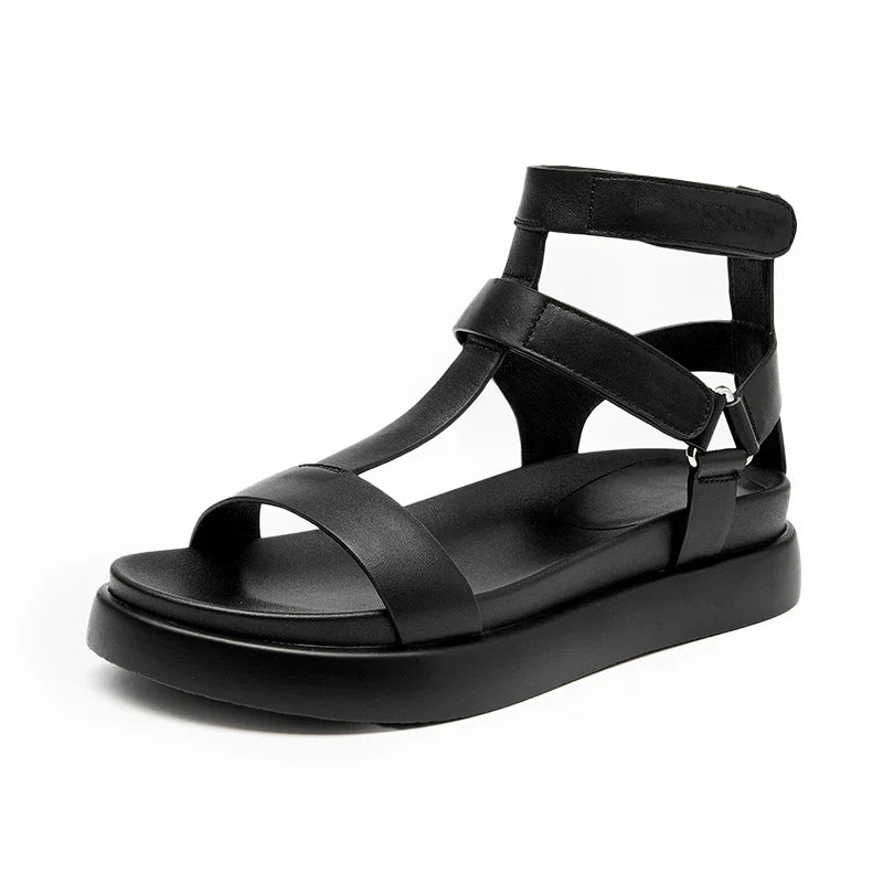 BeauToday Summer Gladiator Sandals Women Calfskin Leather Open Toe T-bar Strap Hook & Loop Summer Ladies Shoes Handmade 07130