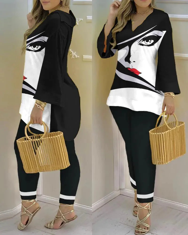 Women’s long sleeve V-neck two-piece set with printed polyester fabric, stylish and comfortable for casual wear.