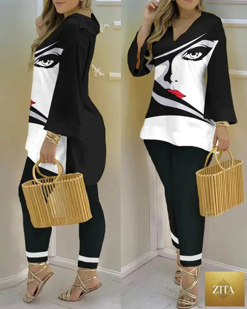 Women’s long sleeve V-neck two-piece set with printed polyester fabric, stylish and comfortable for casual wear.