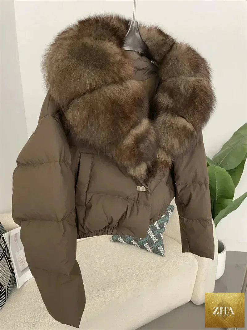 Down Jacket Women Short Puffer Jacket Thick New Big Natural Real Fox Fur Coat Autumn Winter Female White Duck Down Coat Feather