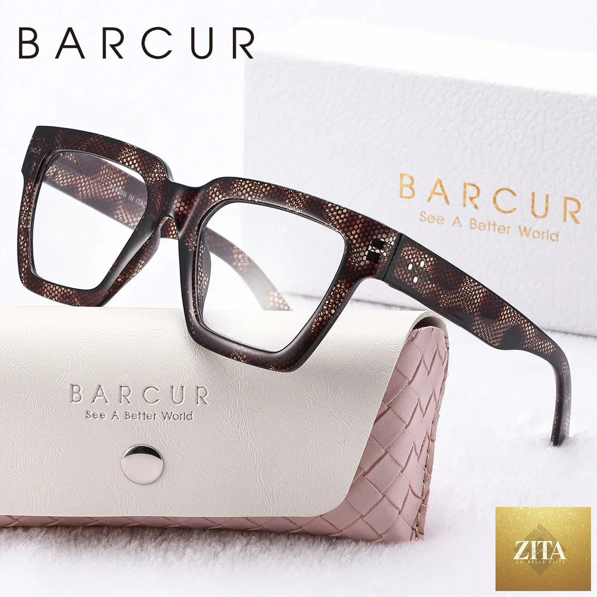 Stevvex pink fashion reading glasses with square thick frames, lightweight design, and blue light blocking lenses, in a gift box.