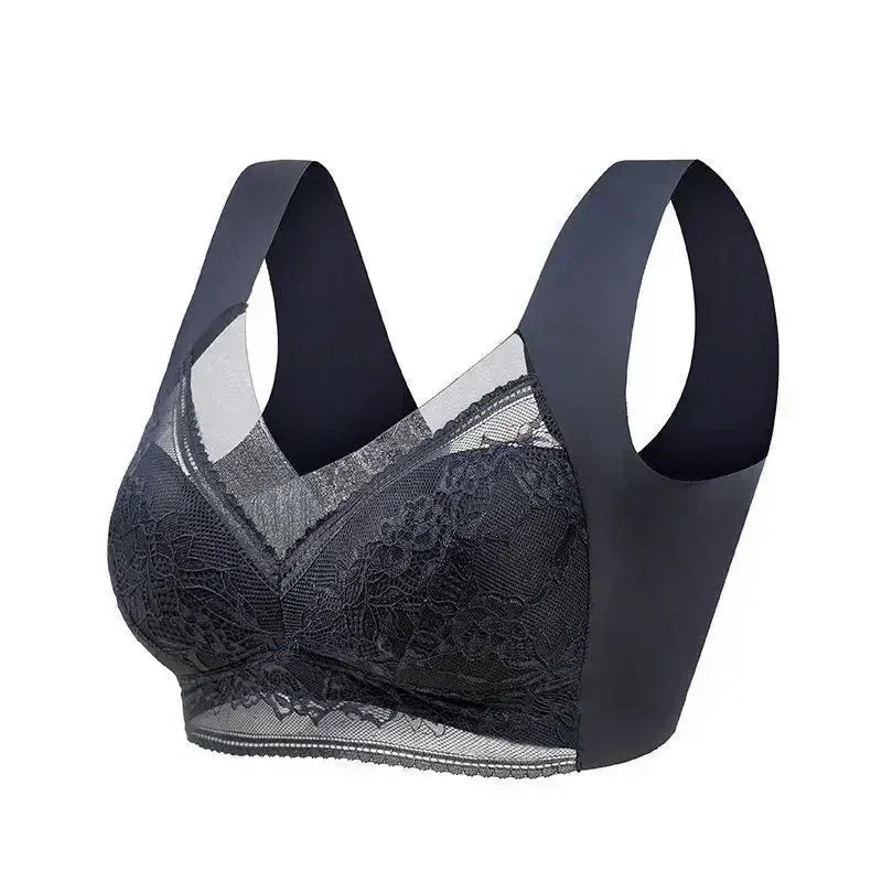Femstylo L-6L women’s large push-up ice silk seamless lace wireless bralette, plus size summer lingerie top in white.