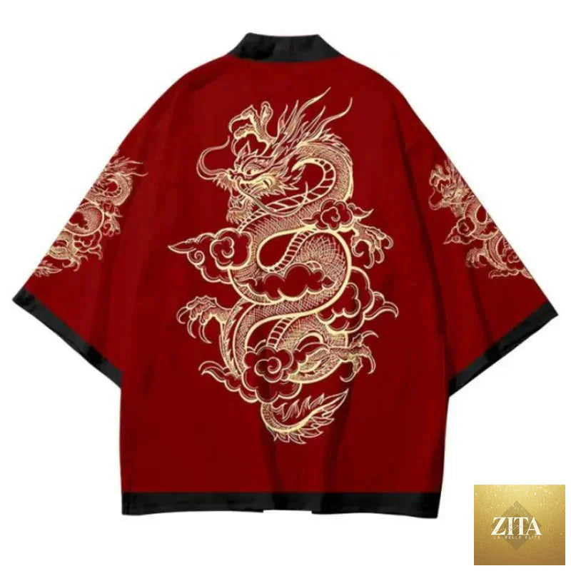Japanese style anime dragon print haori yukata from FitiqueFit, featuring vibrant summer streetwear with traditional dragon motifs.