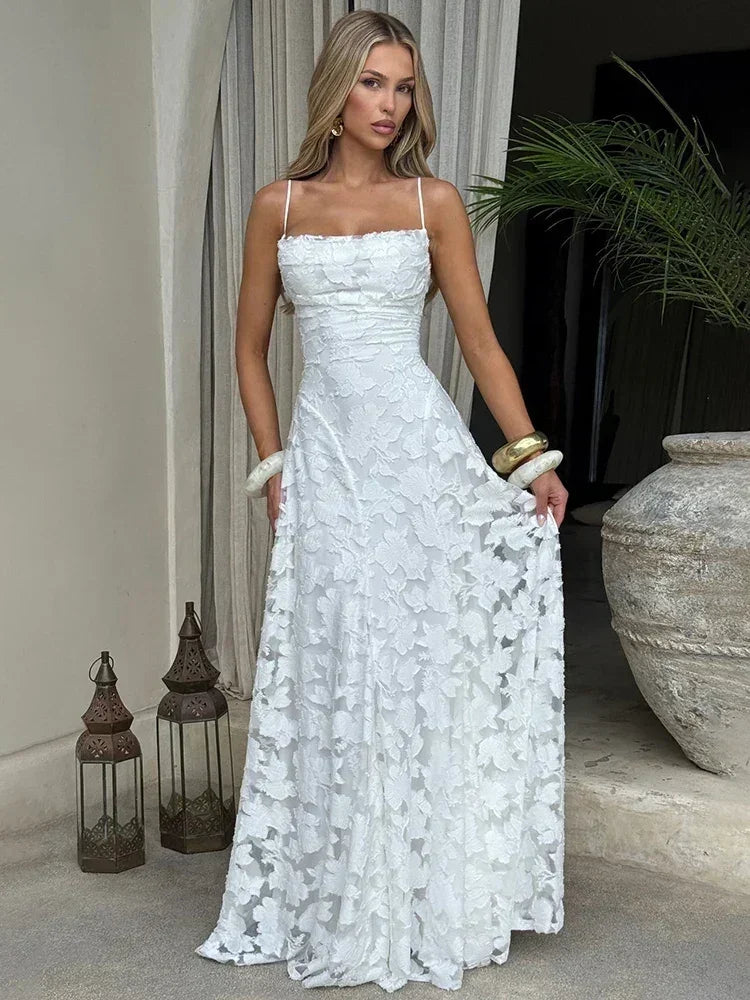 Femstylo backless spaghetti strap maxi dress for women, sleeveless lace-up evening gown with off-shoulder design, suitable for parties.