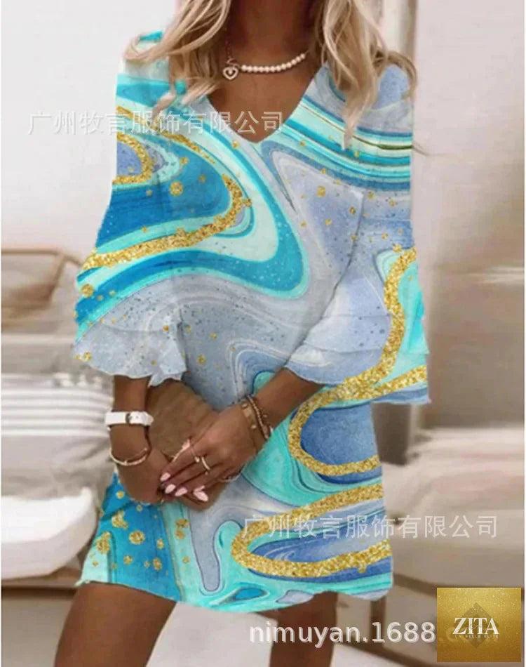 Plus size women's flared dress with butterfly sleeves and loose waist, stylish and elegant from Trendy Attic Store01.
