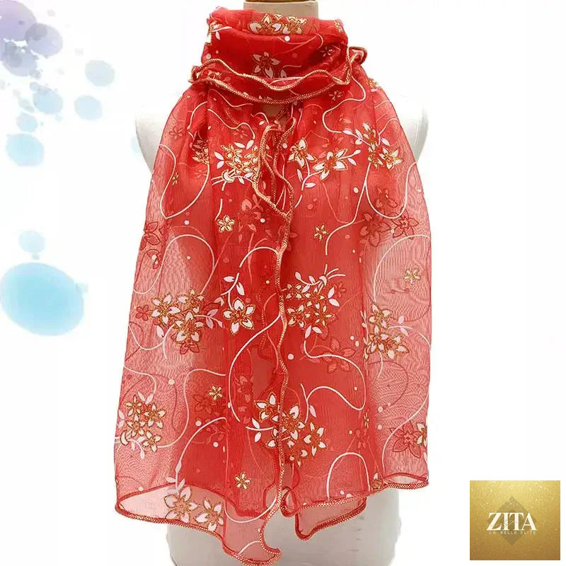 Lightweight women’s lace silk scarf with elegant printed design, perfect as a stylish neckerchief or shawl wrap.