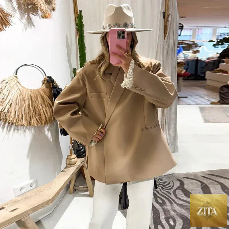 Women's Femstylo V-neck long sleeve suit jacket with side buttons, solid color, oversized fit, pocket cuffs, stylish high street coat.