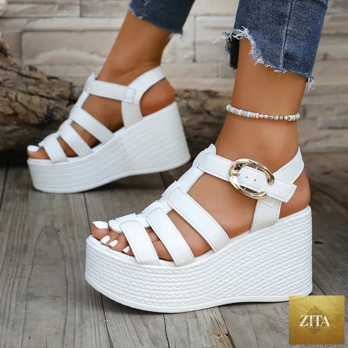 Women’s retro ankle buckle wedge sandals with breathable design, soft sole, platform heel, and non-slip outsole for summer wear.