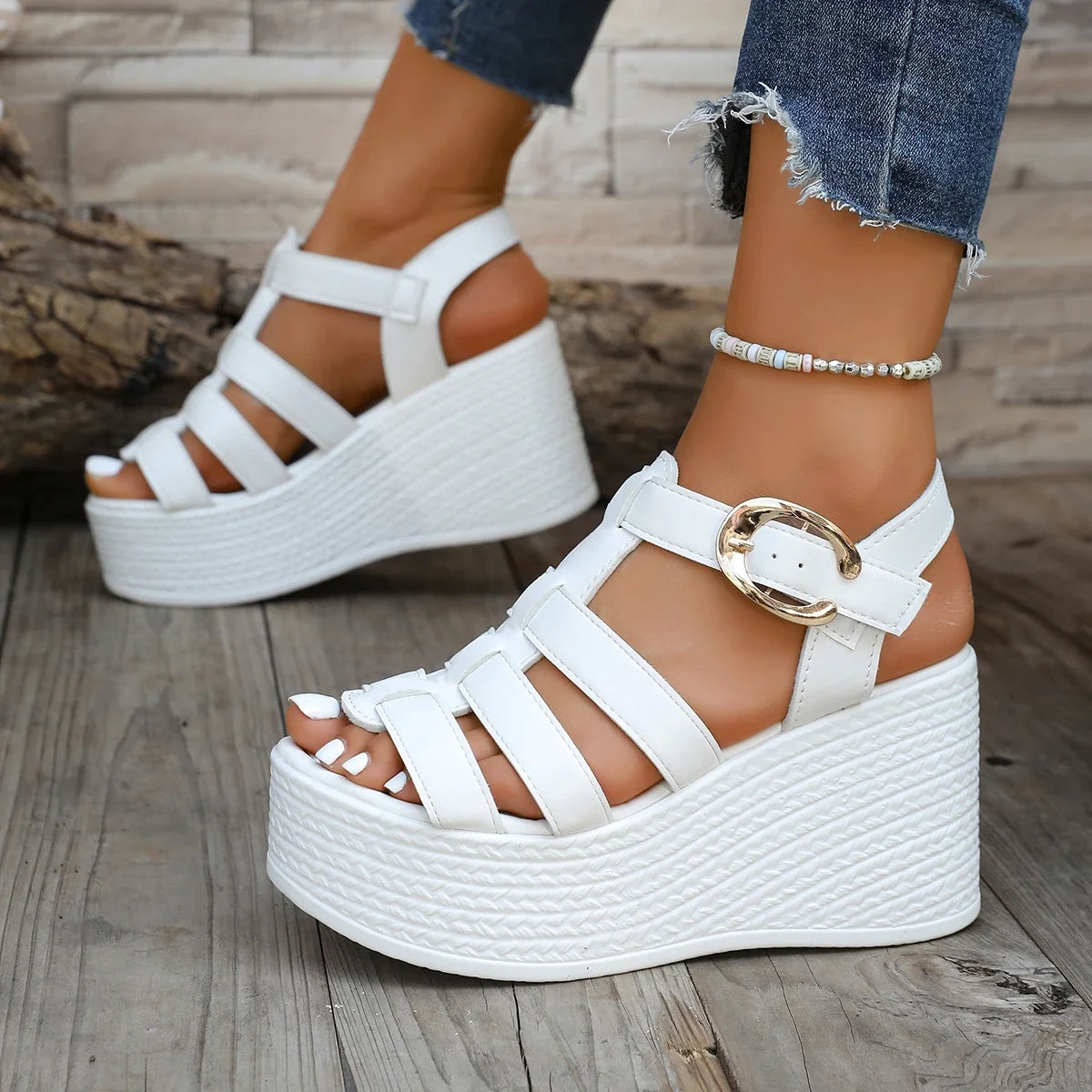 Women’s ankle buckle wedge sandals by LadyShow.Store with breathable platform design, soft sole, and retro style for summer 2025.