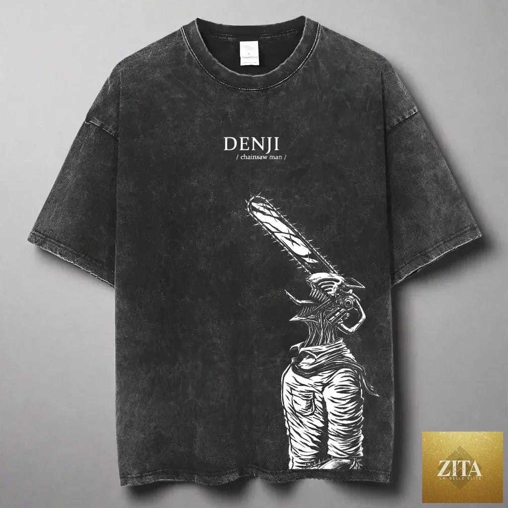 Zita La Belle Elite Chainsaw Man acid-washed graphic T-shirt featuring vintage streetwear style with bold manga-inspired design.
