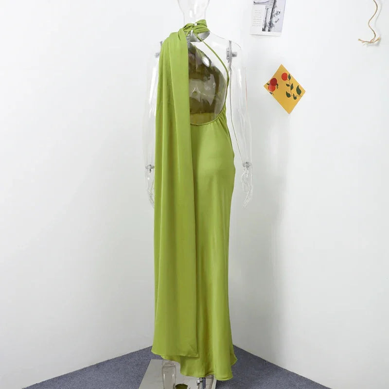 Femstylo backless lace-up maxi dress, sleeveless ribbon evening gown perfect for parties, elegant and stylish.