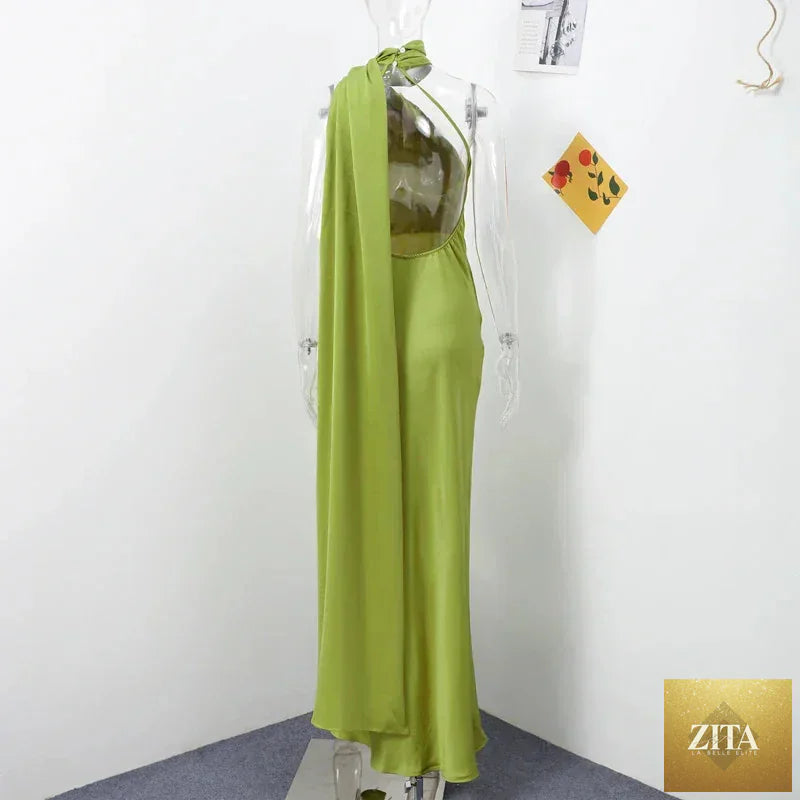 Femstylo backless lace-up maxi dress, sleeveless ribbon evening gown perfect for parties, elegant and stylish.