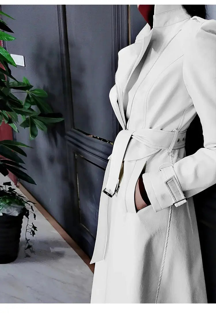 Mauroicardi Spring Autumn White Fitted Long Pu Leather Coat Women Zipper Belt Elegant Chic Luxury Designer Fake 2 Clothes 2024 ZITA LA BELLE ÉLITE