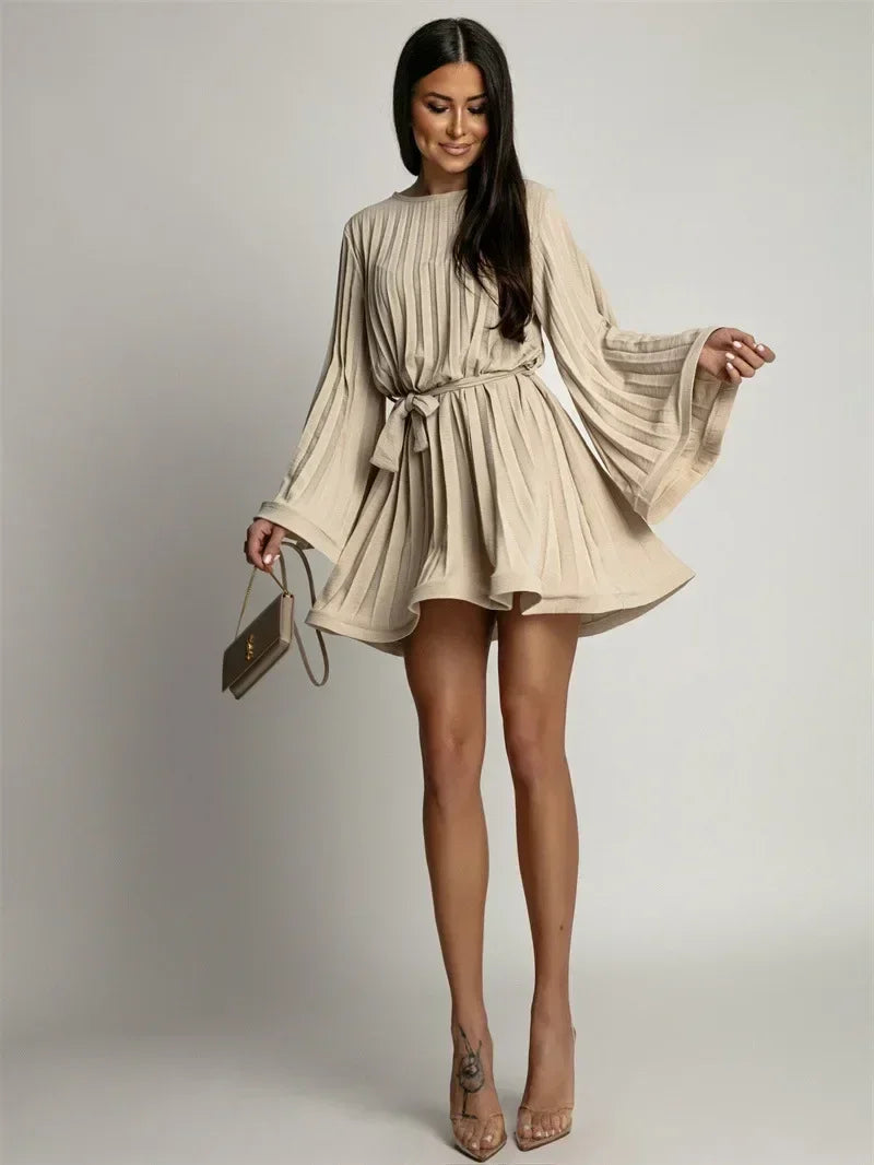 Femstylo 2025 elegant pleated mini dress with flared sleeves, lace-up design, perfect for summer fashion.