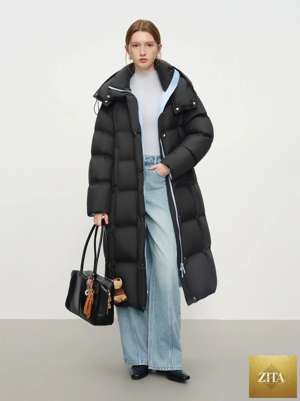 LadyShow Women's FSLE 2025 winter puffer down coat with hood, two-tone color block, thermal insulation, heavy warm outerwear