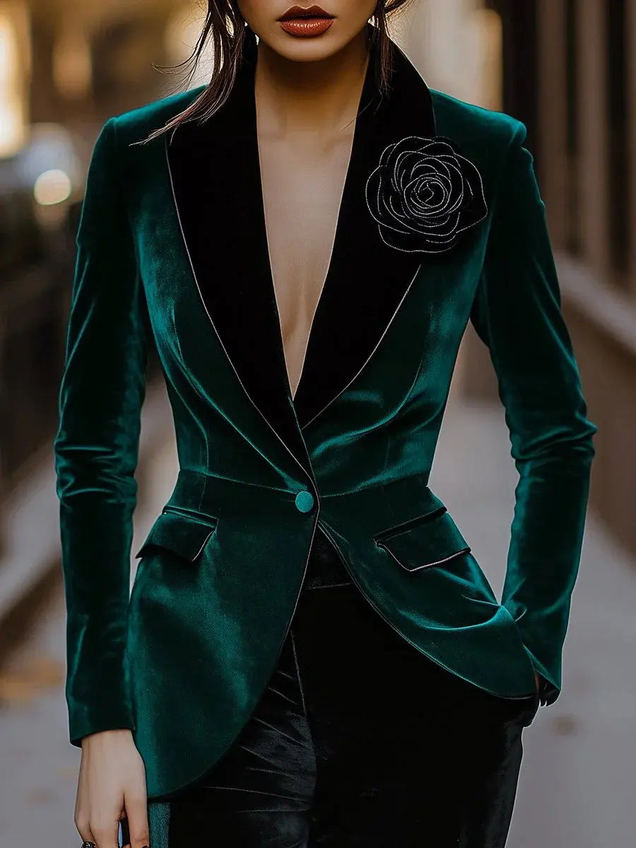 Luxury Green Velvet Blazer for Women Single Breasted 3D Rose Flower Female Blazer Jacket Slim Fit Office Lady Outerwear Coat ZITA LA BELLE ÉLITE