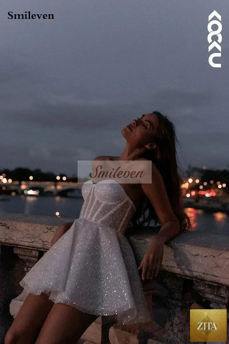 Shiny Femstylo Smileven A-line short wedding dress with sweetheart neckline, glitter fabric, and customized fit for brides.