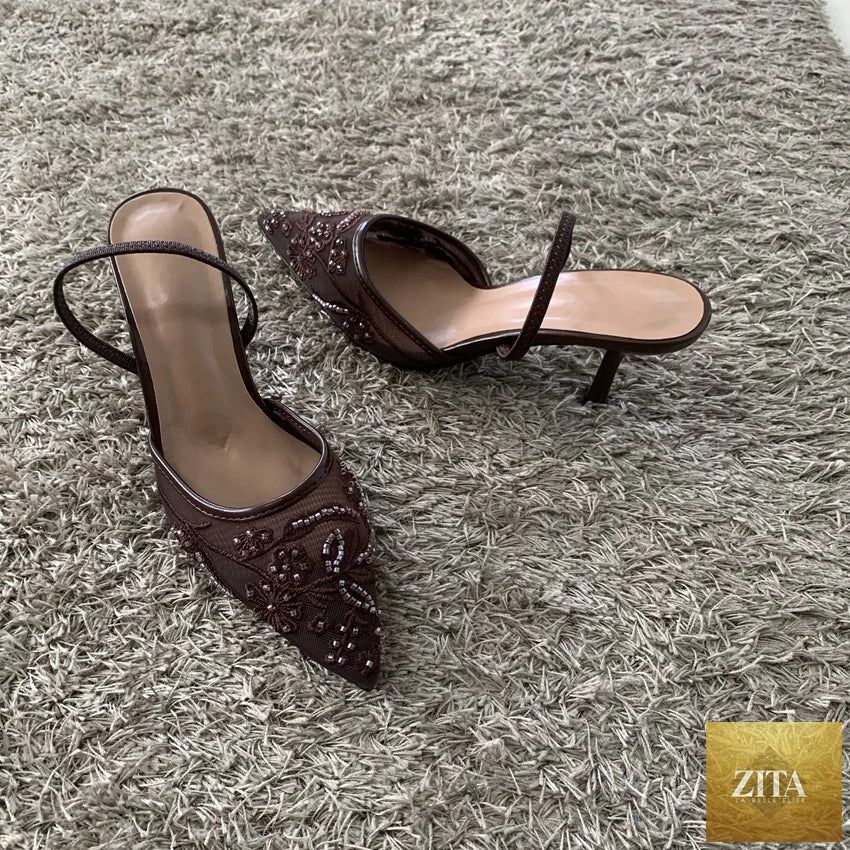 LadyShow.Store 2026 String Bead Mesh Embroider Slingback High Heels for women, pointed toe, elegant summer heeled sandals.