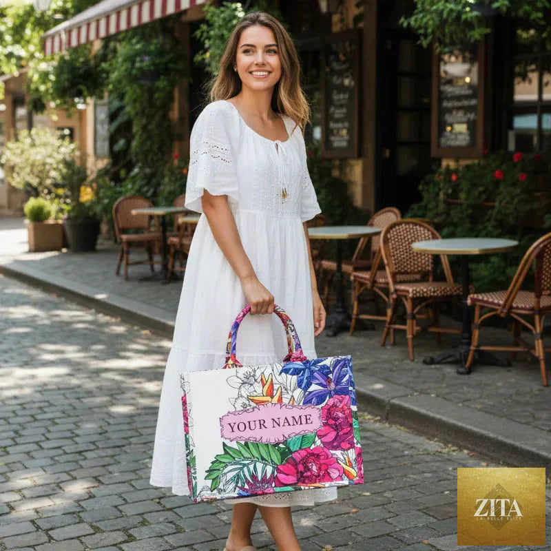 Personalized custom women's canvas tote bag with large capacity, printed handbag suitable for beach or everyday use, by SMinvite LLC