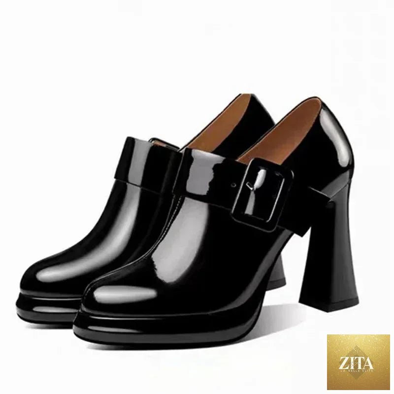 Black round head high heel pump shoes for women by SMinvite, LLC, featuring a thick heel and classic design.