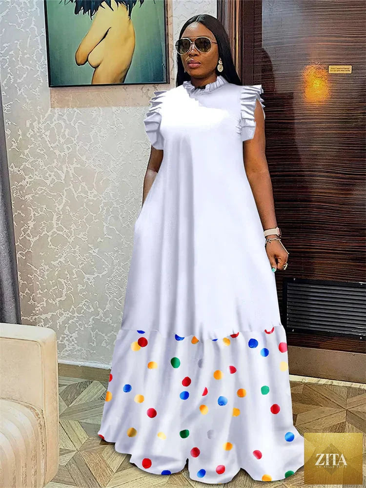 Plus size women’s maxi dress with star patchwork design, full-length elegant dress from Trendy Attic Store01