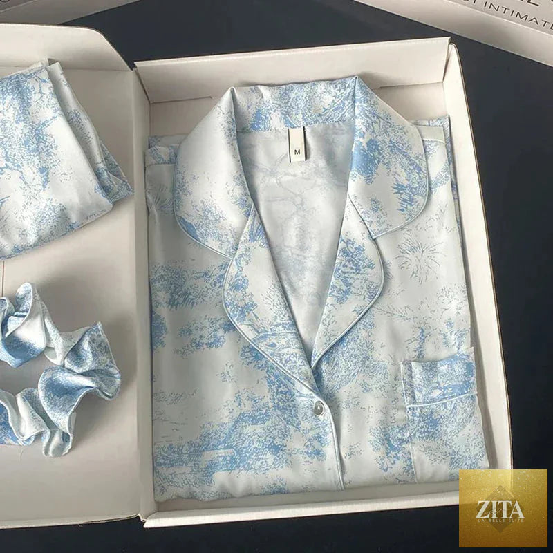 SMinvite women’s ice silk pajama set with lapel button cardigan and matching pants, soft and comfortable sleepwear ensemble.