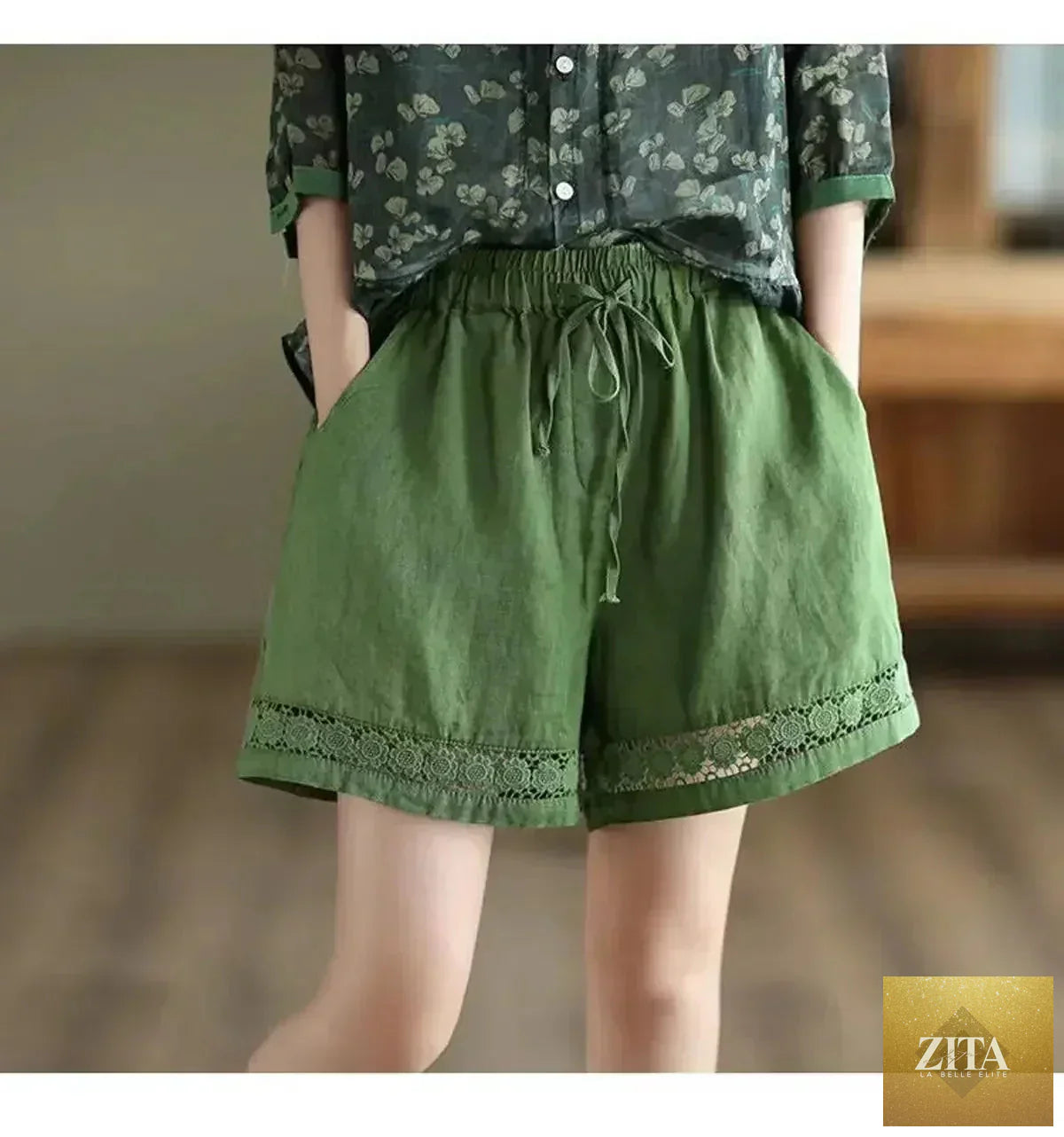 Femstylo cotton linen vintage high-waist shorts with tie belt, embroidered hollow design, casual straight fit, new style for women
