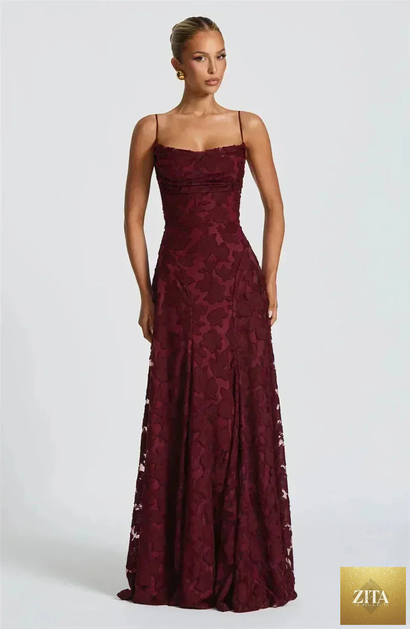 Femstylo women's backless spaghetti strap maxi dress with off-shoulder lace-up design, sleeveless evening gown for parties and events.