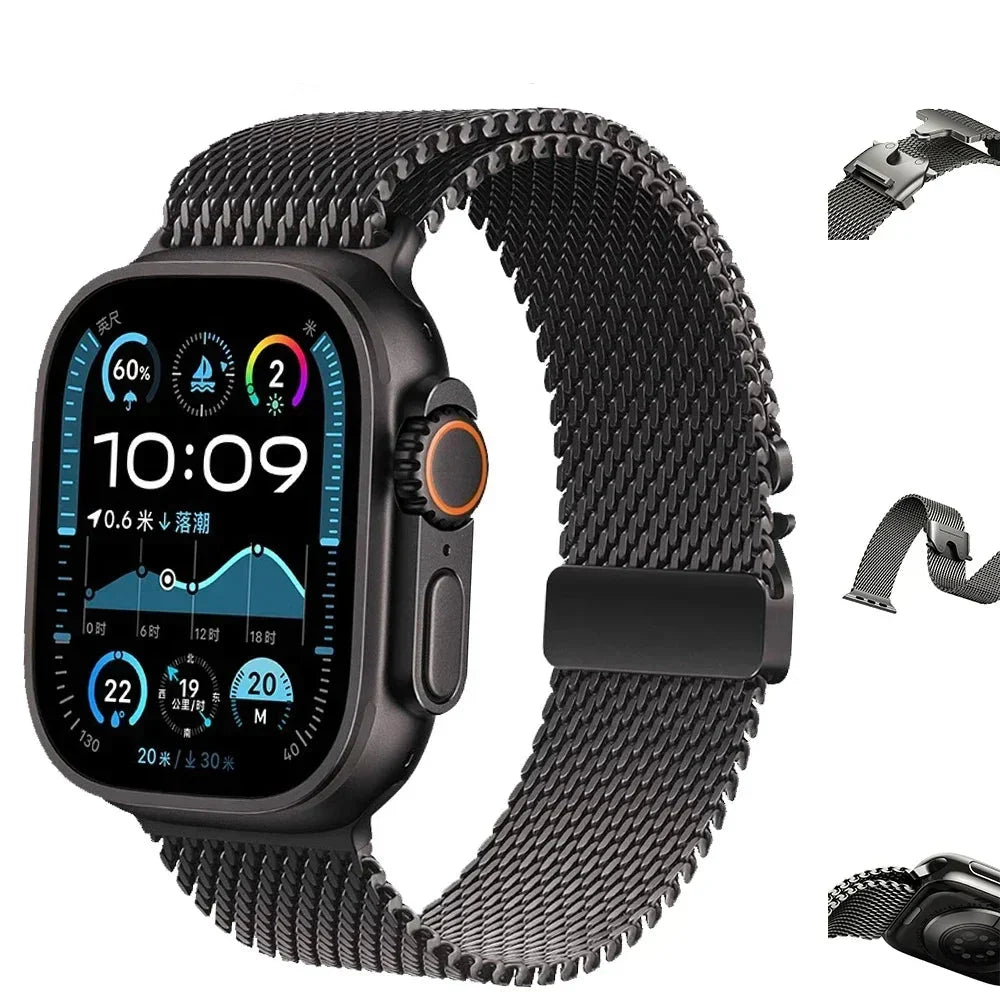Apple Watch Titanium Milanese Loop strap by BandsCo Straps, featuring a sleek, durable metal mesh design in titanium.