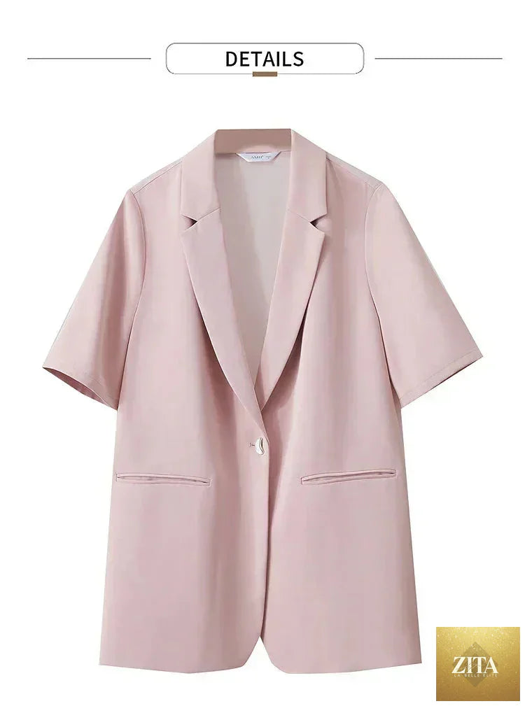 Femstylo Amii Women's Summer Blazer with notched lapel, contrast patchwork, short sleeves, and single button closure.